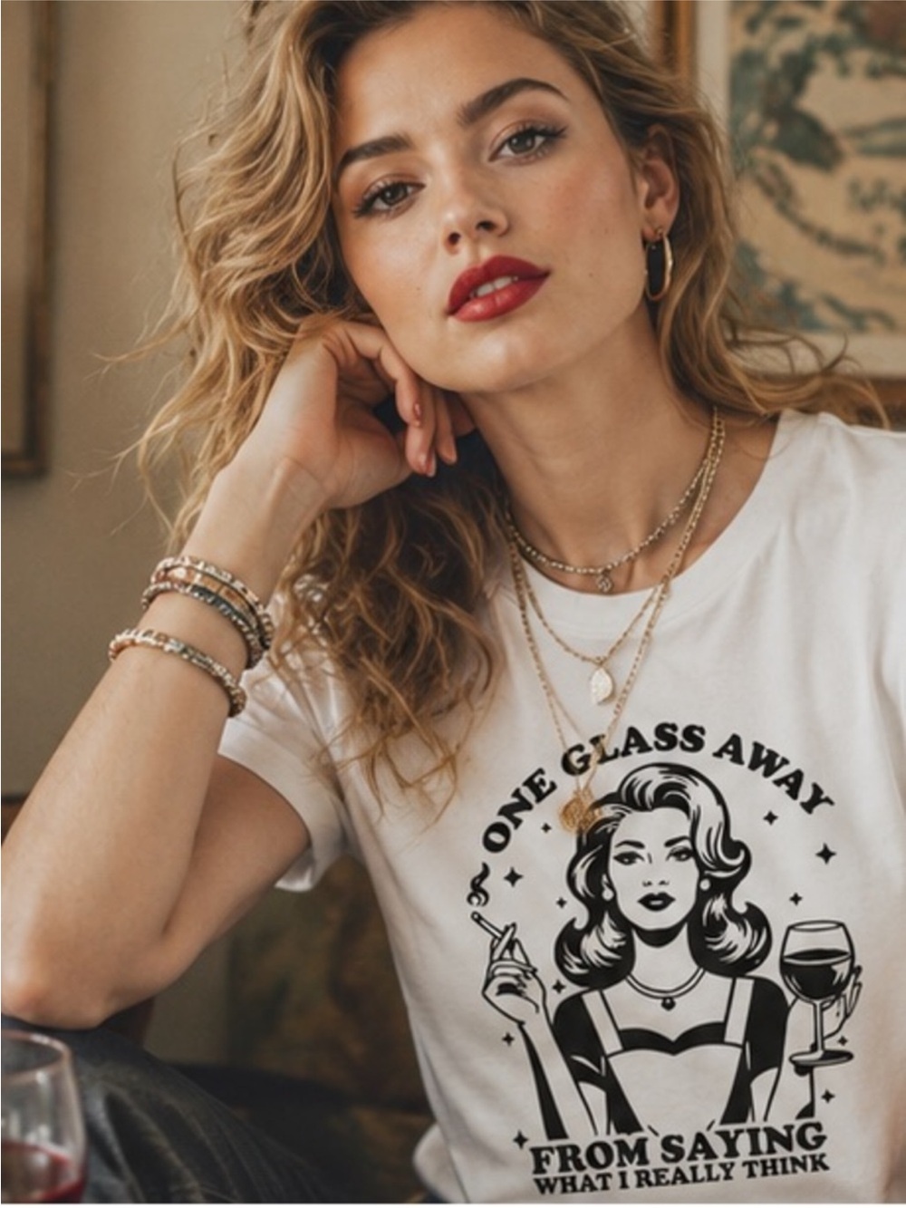 Women's White Graphic Tee - One Glass Away - Picture 2 of 4